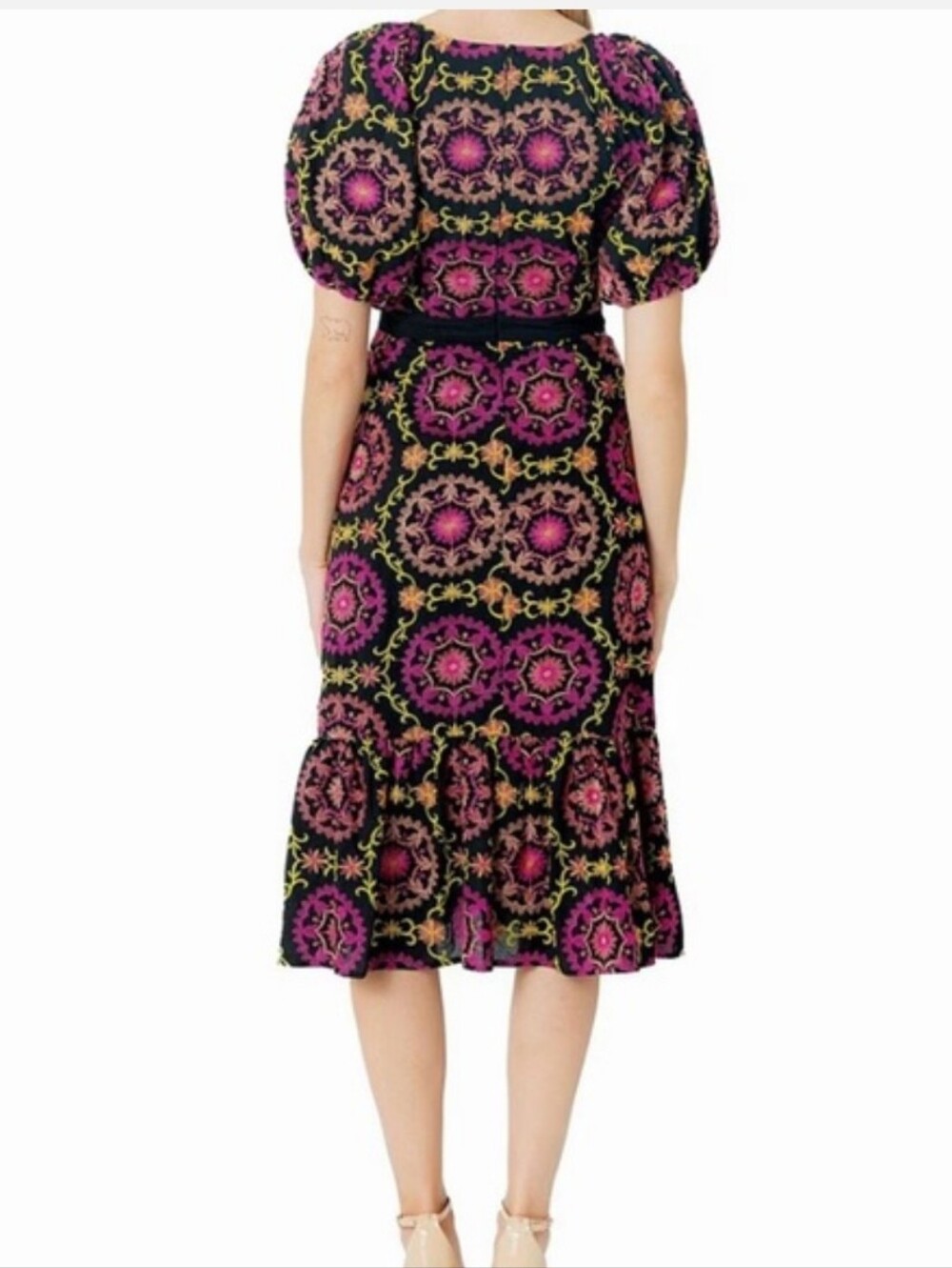 Sam Edelman Embroidered Pink Green Black Puff Sleeve V-neck Midi Dress Size 88 - Picture 4 of 12
